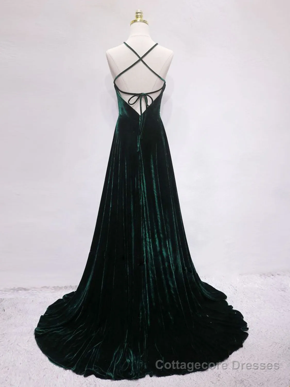 A-Line Backless Green Velvet Long Prom Dresses, Green Formal Evening Dresses