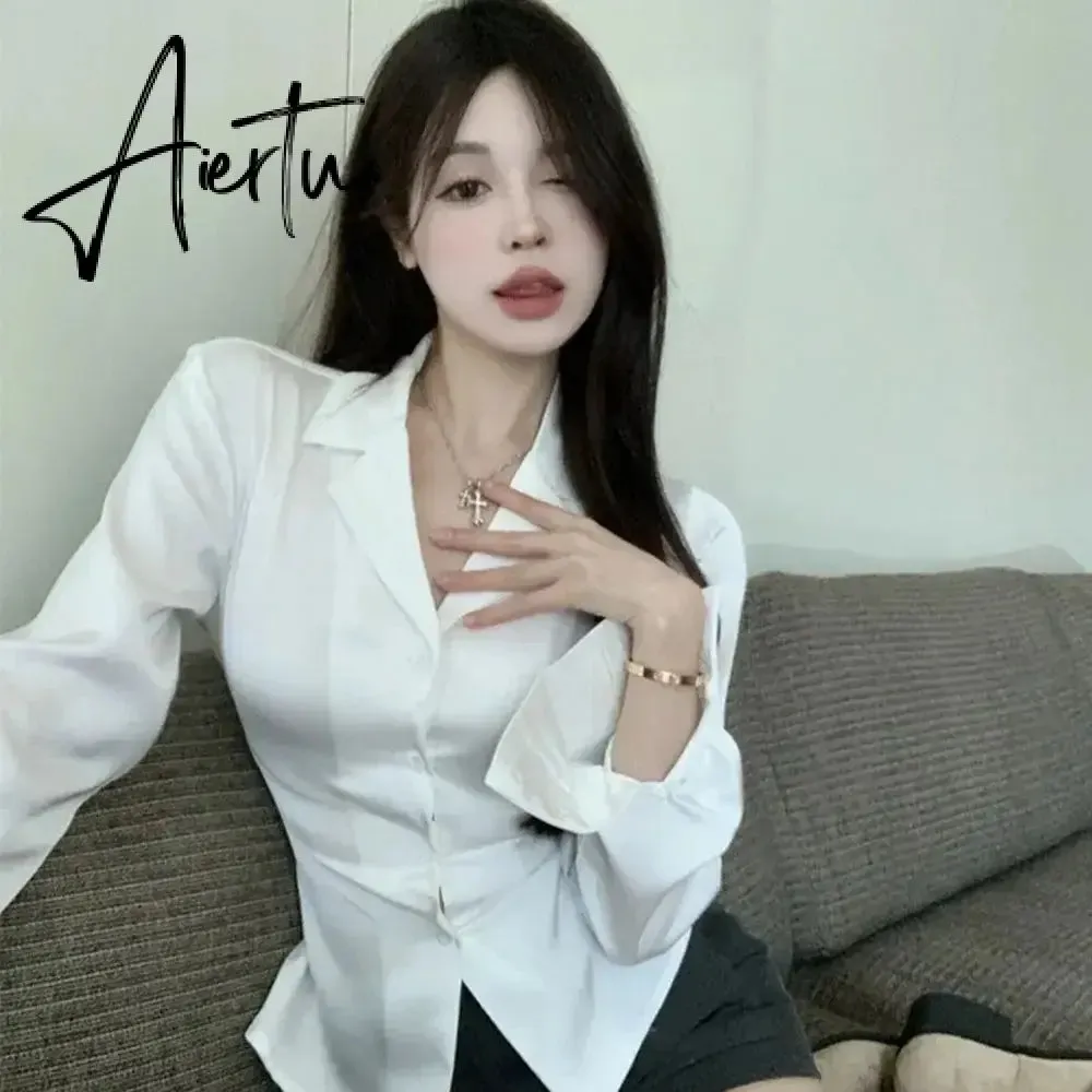 Aiertu Autumn Long Sleeve White Shirt Tops Women's Fashion Slim Blouses Ladies French Style Elegant Chic Back Lace-up Shirts Blusa
