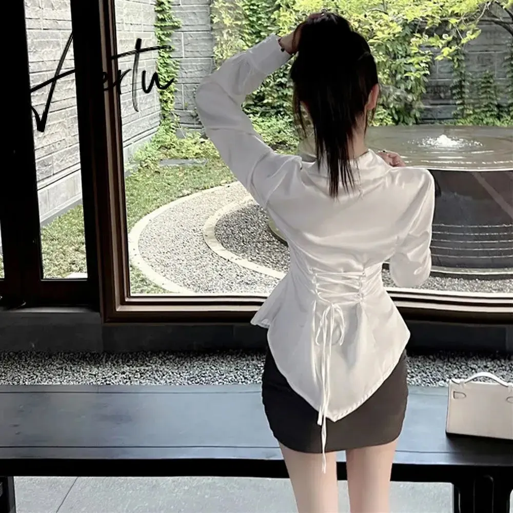 Aiertu Autumn Long Sleeve White Shirt Tops Women's Fashion Slim Blouses Ladies French Style Elegant Chic Back Lace-up Shirts Blusa