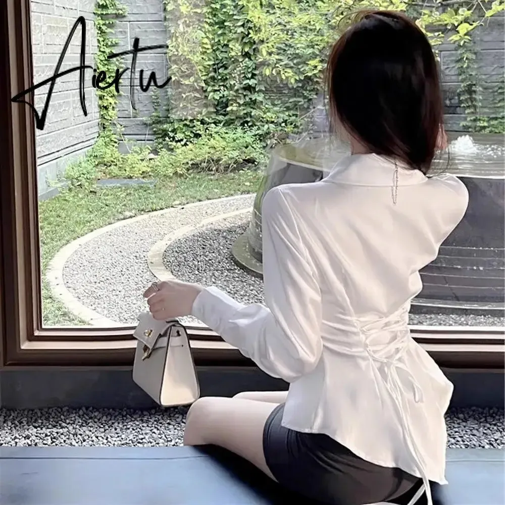 Aiertu Autumn Long Sleeve White Shirt Tops Women's Fashion Slim Blouses Ladies French Style Elegant Chic Back Lace-up Shirts Blusa