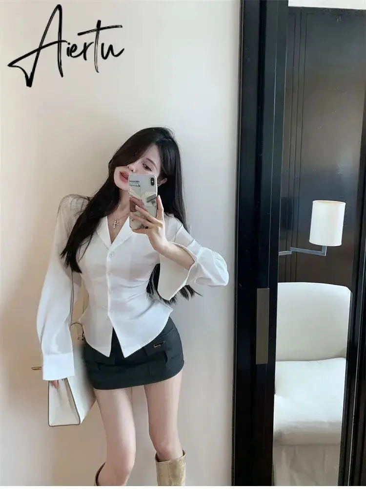 Aiertu Autumn Long Sleeve White Shirt Tops Women's Fashion Slim Blouses Ladies French Style Elegant Chic Back Lace-up Shirts Blusa