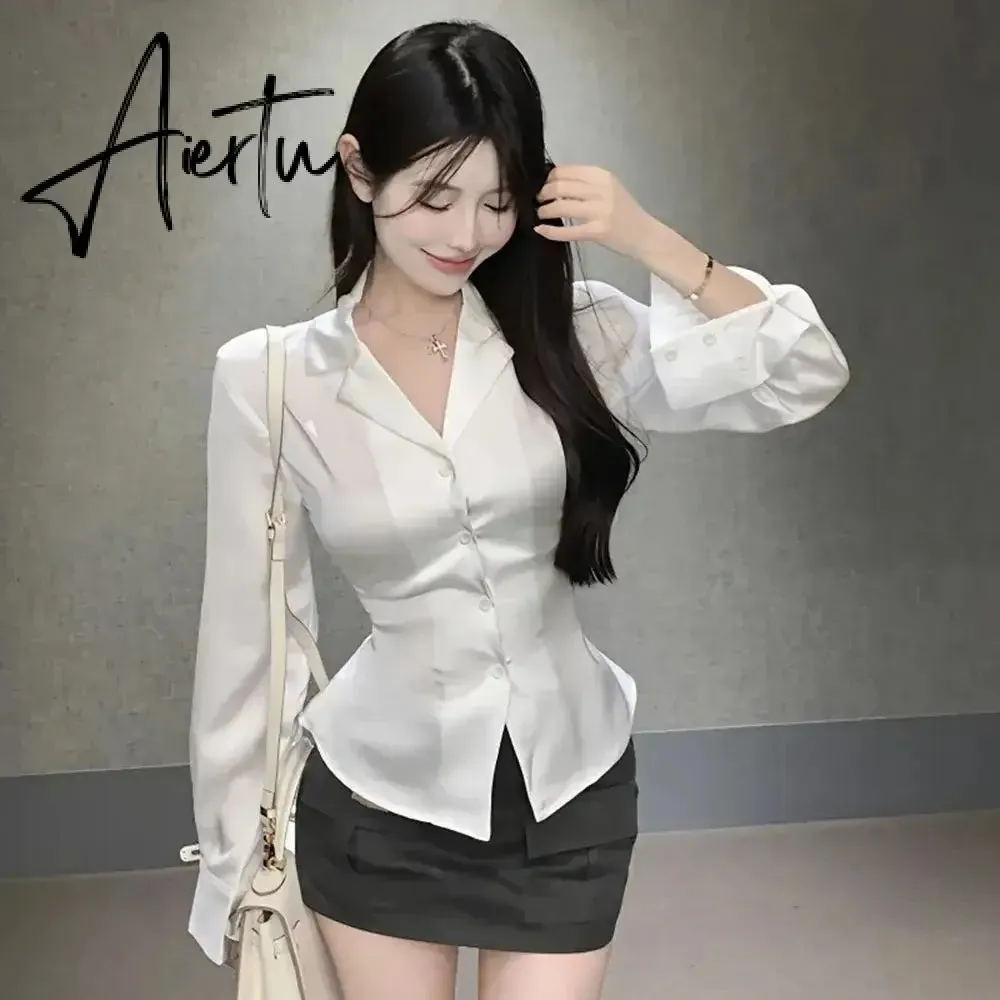 Aiertu Autumn Long Sleeve White Shirt Tops Women's Fashion Slim Blouses Ladies French Style Elegant Chic Back Lace-up Shirts Blusa