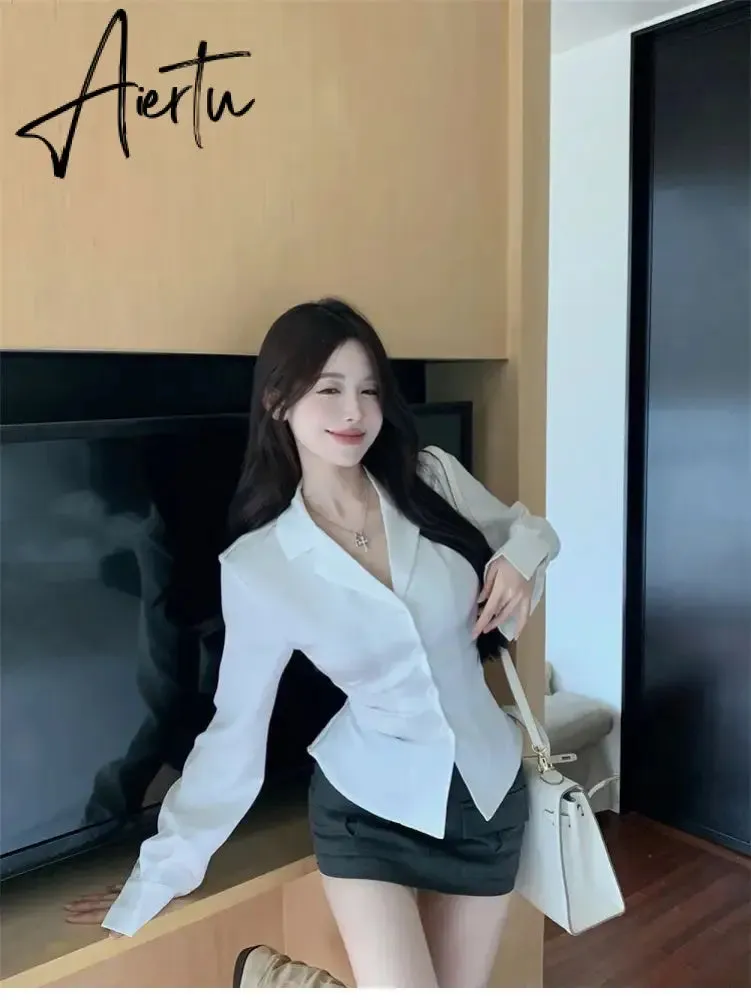 Aiertu Autumn Long Sleeve White Shirt Tops Women's Fashion Slim Blouses Ladies French Style Elegant Chic Back Lace-up Shirts Blusa