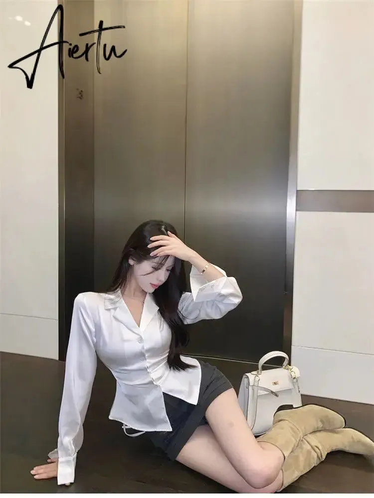Aiertu Autumn Long Sleeve White Shirt Tops Women's Fashion Slim Blouses Ladies French Style Elegant Chic Back Lace-up Shirts Blusa