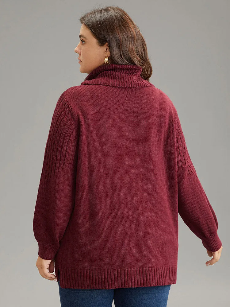 Anti-Pilling Cable Knit Turtle Neck Patchwork Pullover