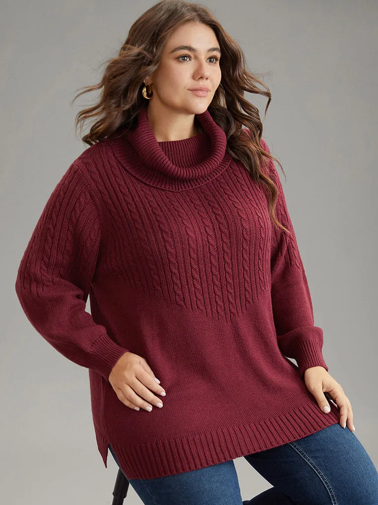 Anti-Pilling Cable Knit Turtle Neck Patchwork Pullover