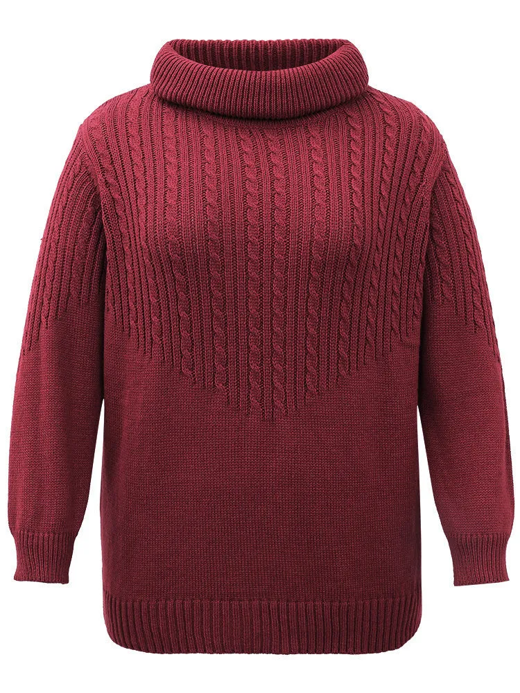Anti-Pilling Cable Knit Turtle Neck Patchwork Pullover