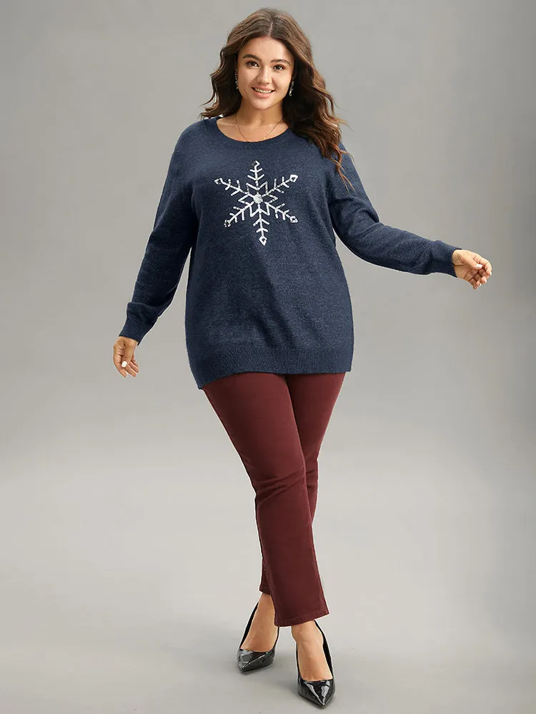 Anti-Pilling Sequin Snowflake Round Neck Pullover