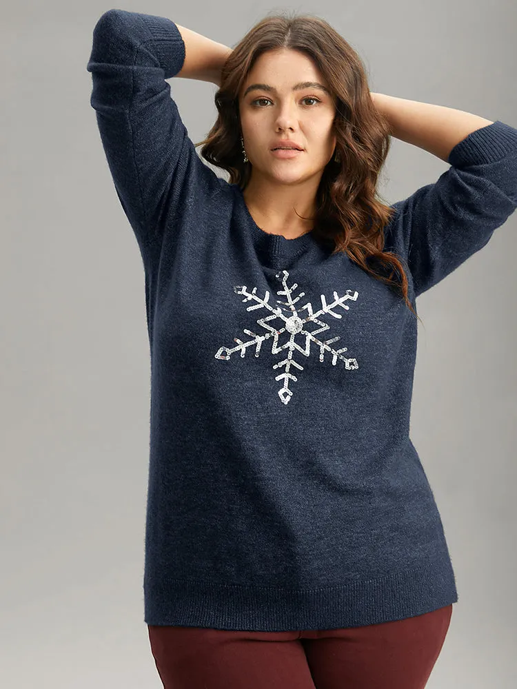 Anti-Pilling Sequin Snowflake Round Neck Pullover