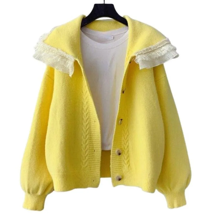 Big Lace Collar Cardigan Women's Cardigan Turn Down Collar Sweater Jacket Loose Elegant Ladies Cardigan Cute Frilly Kawaii