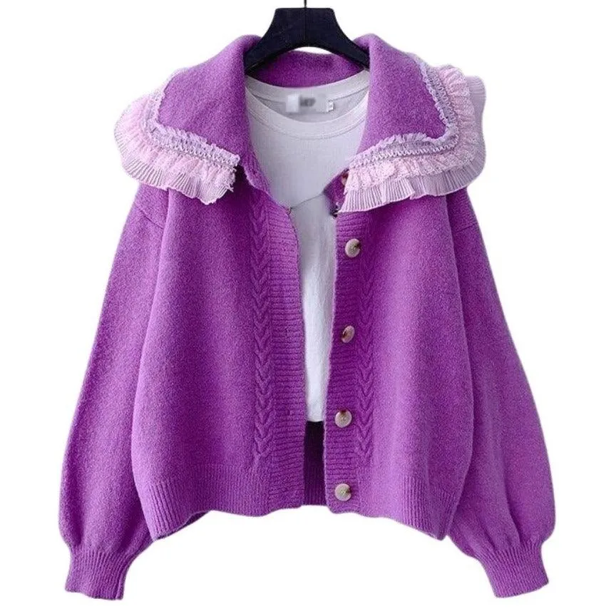 Big Lace Collar Cardigan Women's Cardigan Turn Down Collar Sweater Jacket Loose Elegant Ladies Cardigan Cute Frilly Kawaii