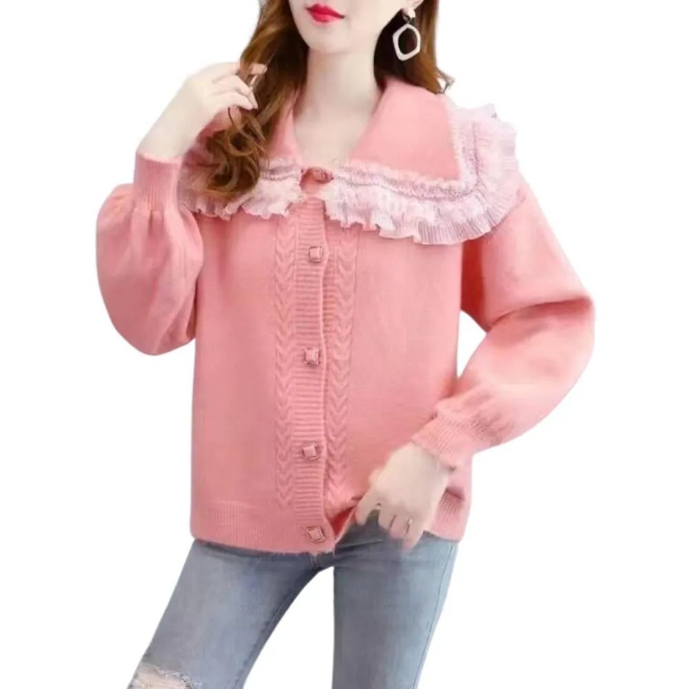 Big Lace Collar Cardigan Women's Cardigan Turn Down Collar Sweater Jacket Loose Elegant Ladies Cardigan Cute Frilly Kawaii