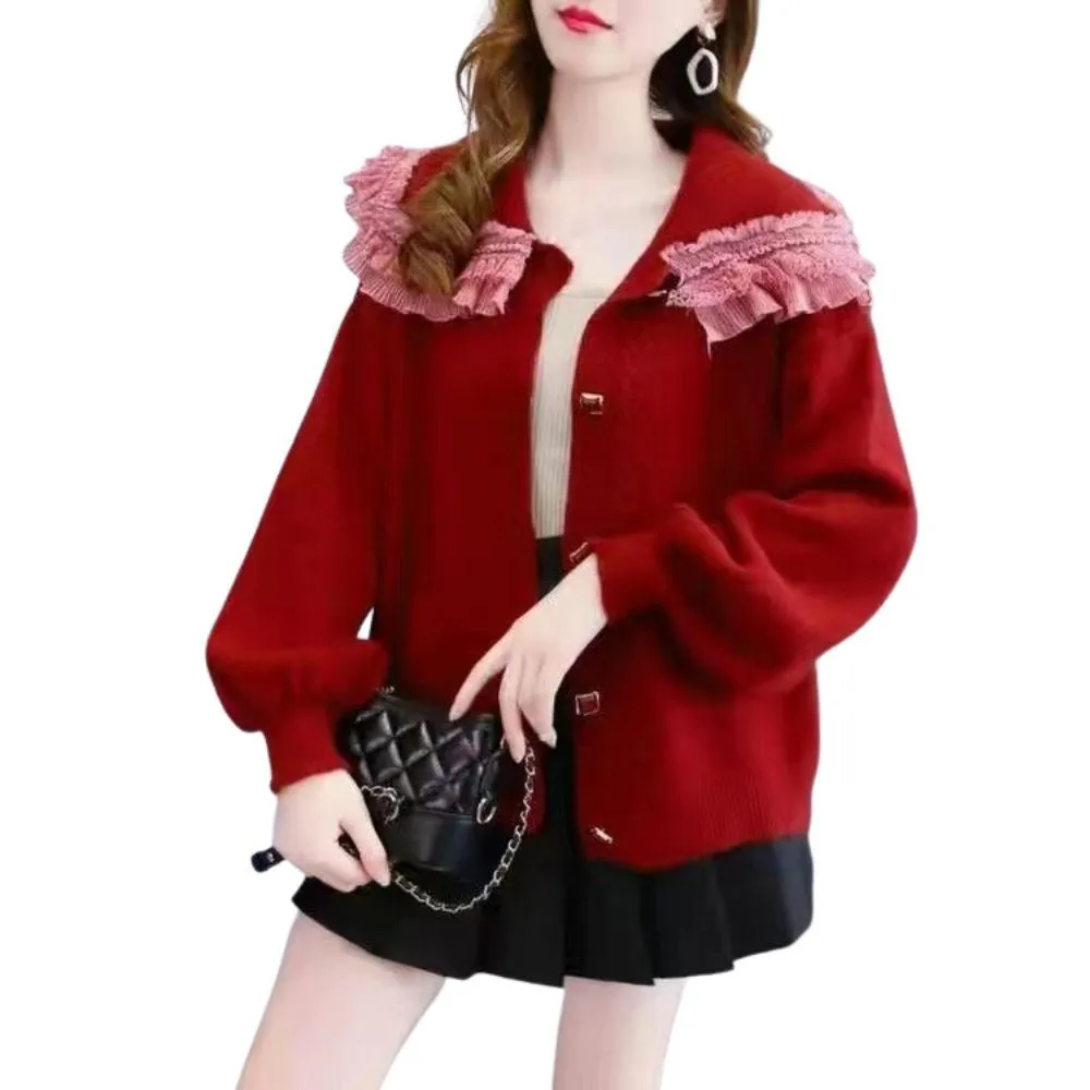 Big Lace Collar Cardigan Women's Cardigan Turn Down Collar Sweater Jacket Loose Elegant Ladies Cardigan Cute Frilly Kawaii