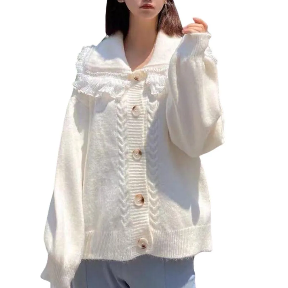 Big Lace Collar Cardigan Women's Cardigan Turn Down Collar Sweater Jacket Loose Elegant Ladies Cardigan Cute Frilly Kawaii