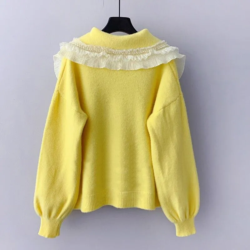 Big Lace Collar Cardigan Women's Cardigan Turn Down Collar Sweater Jacket Loose Elegant Ladies Cardigan Cute Frilly Kawaii