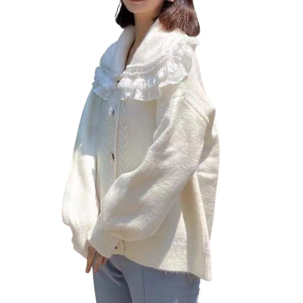 Big Lace Collar Cardigan Women's Cardigan Turn Down Collar Sweater Jacket Loose Elegant Ladies Cardigan Cute Frilly Kawaii