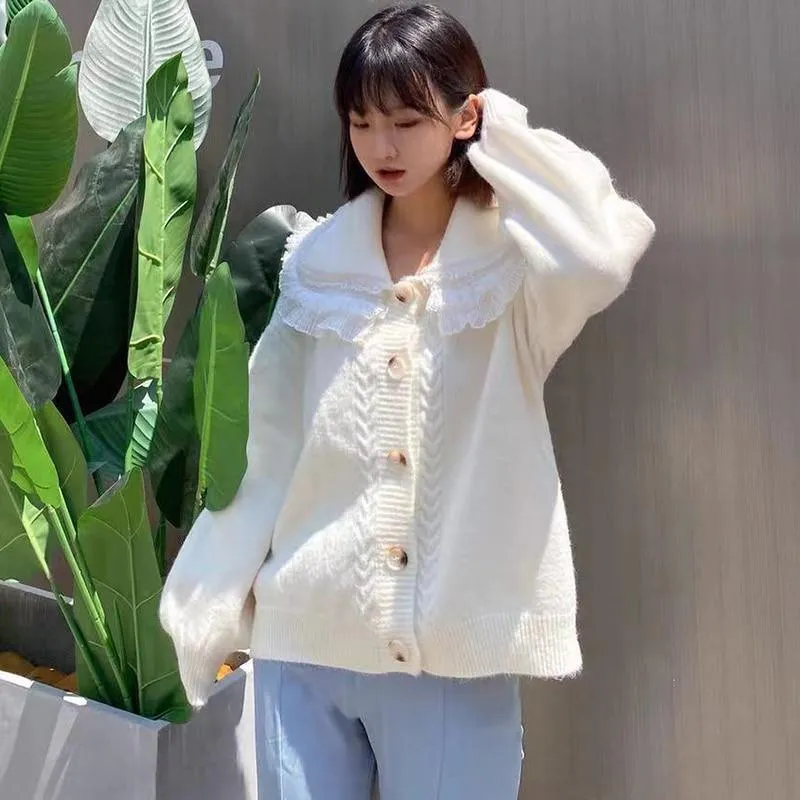 Big Lace Collar Cardigan Women's Cardigan Turn Down Collar Sweater Jacket Loose Elegant Ladies Cardigan Cute Frilly Kawaii