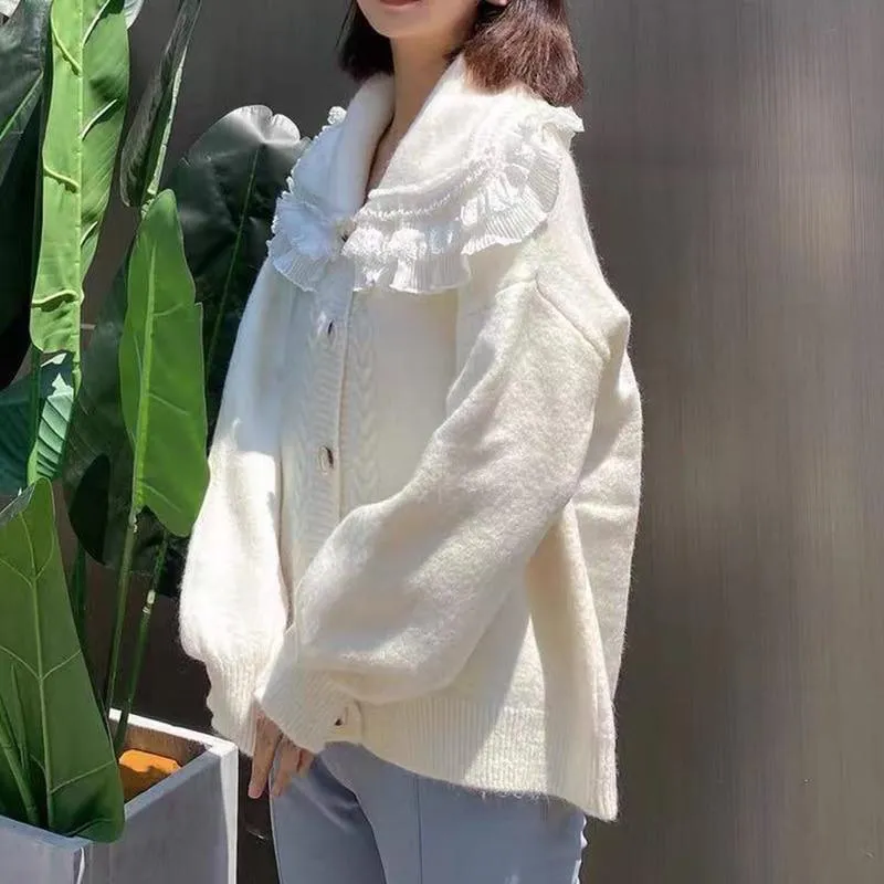 Big Lace Collar Cardigan Women's Cardigan Turn Down Collar Sweater Jacket Loose Elegant Ladies Cardigan Cute Frilly Kawaii