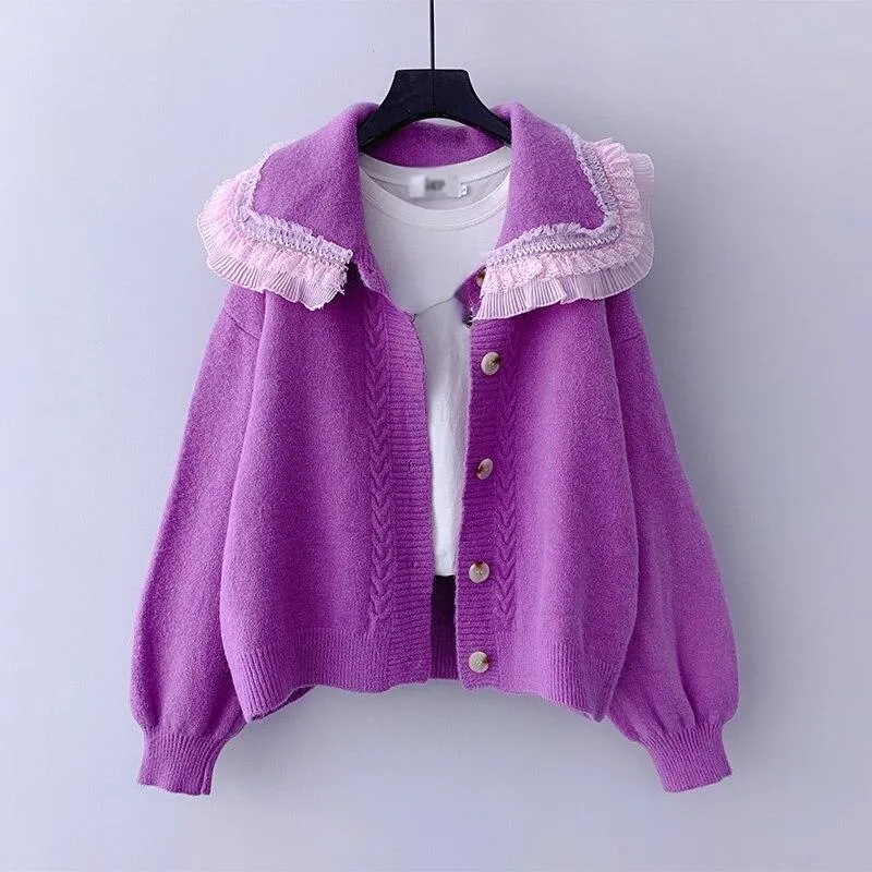 Big Lace Collar Cardigan Women's Cardigan Turn Down Collar Sweater Jacket Loose Elegant Ladies Cardigan Cute Frilly Kawaii
