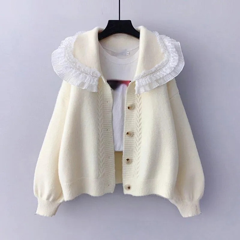 Big Lace Collar Cardigan Women's Cardigan Turn Down Collar Sweater Jacket Loose Elegant Ladies Cardigan Cute Frilly Kawaii