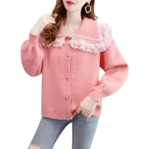 Big Lace Collar Cardigan Women's Cardigan Turn Down Collar Sweater Jacket Loose Elegant Ladies Cardigan Cute Frilly Kawaii