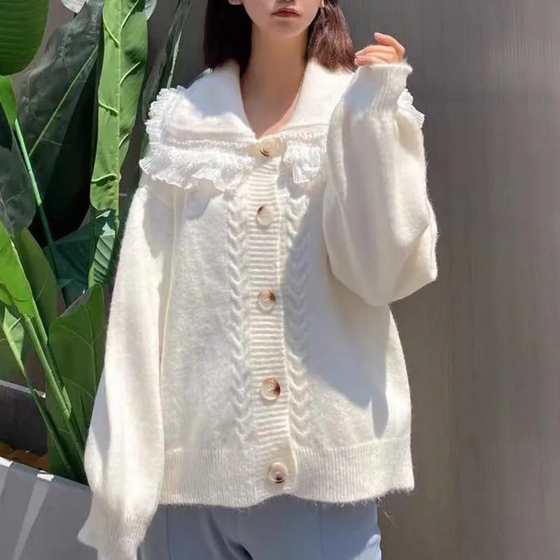 Big Lace Collar Cardigan Women's Cardigan Turn Down Collar Sweater Jacket Loose Elegant Ladies Cardigan Cute Frilly Kawaii