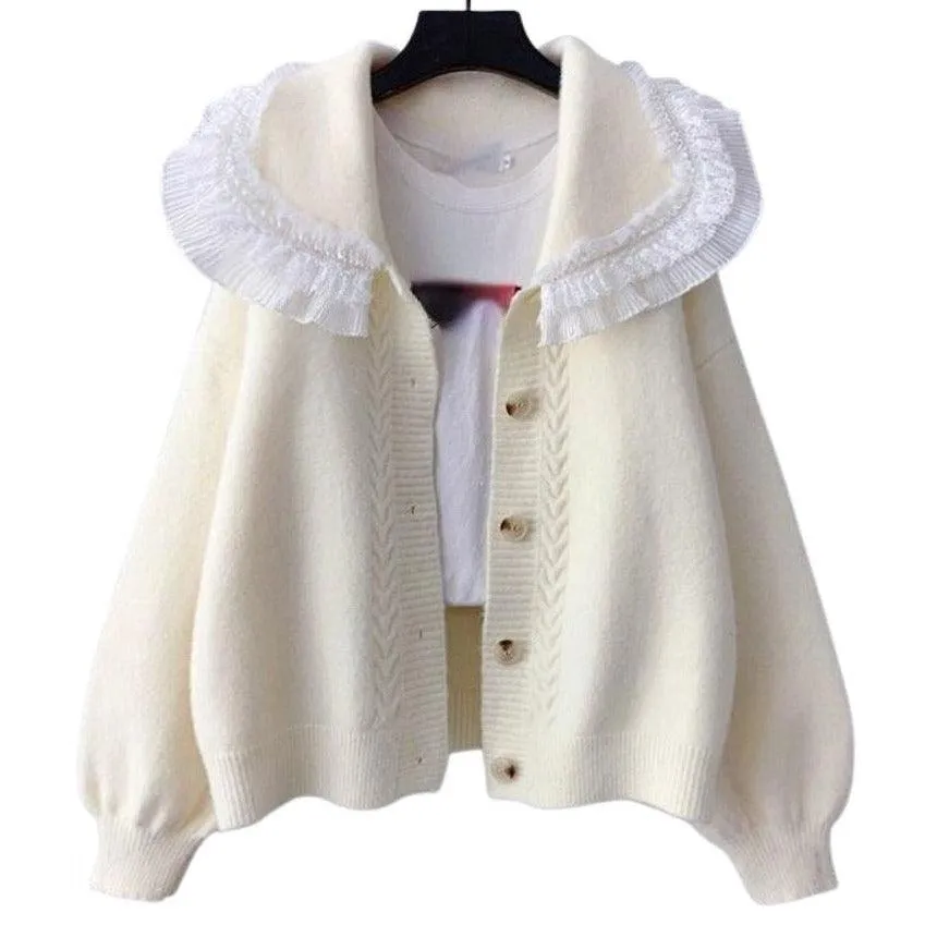 Big Lace Collar Cardigan Women's Cardigan Turn Down Collar Sweater Jacket Loose Elegant Ladies Cardigan Cute Frilly Kawaii