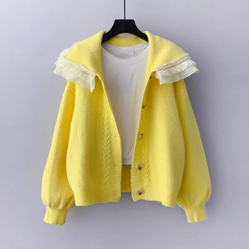 Big Lace Collar Cardigan Women's Cardigan Turn Down Collar Sweater Jacket Loose Elegant Ladies Cardigan Cute Frilly Kawaii