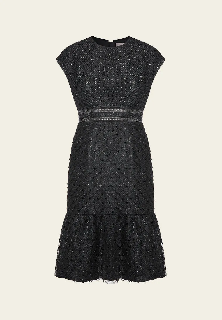 Black Cap-sleeved Embroidered Mesh Tweed Dress