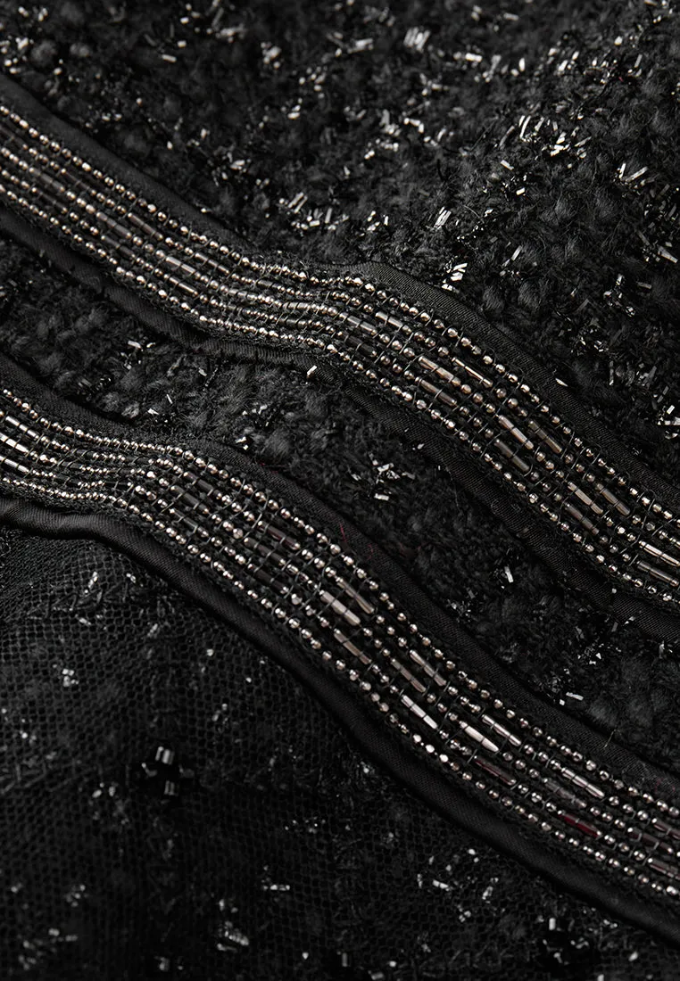 Black Cap-sleeved Embroidered Mesh Tweed Dress