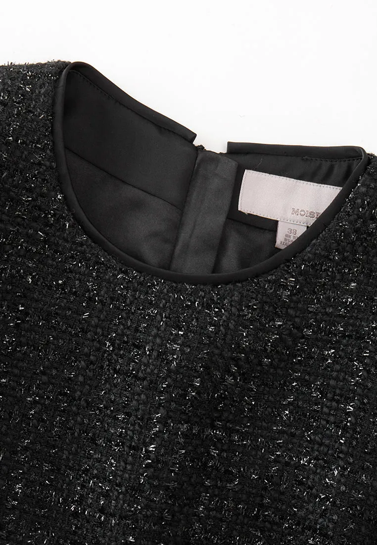 Black Cap-sleeved Embroidered Mesh Tweed Dress