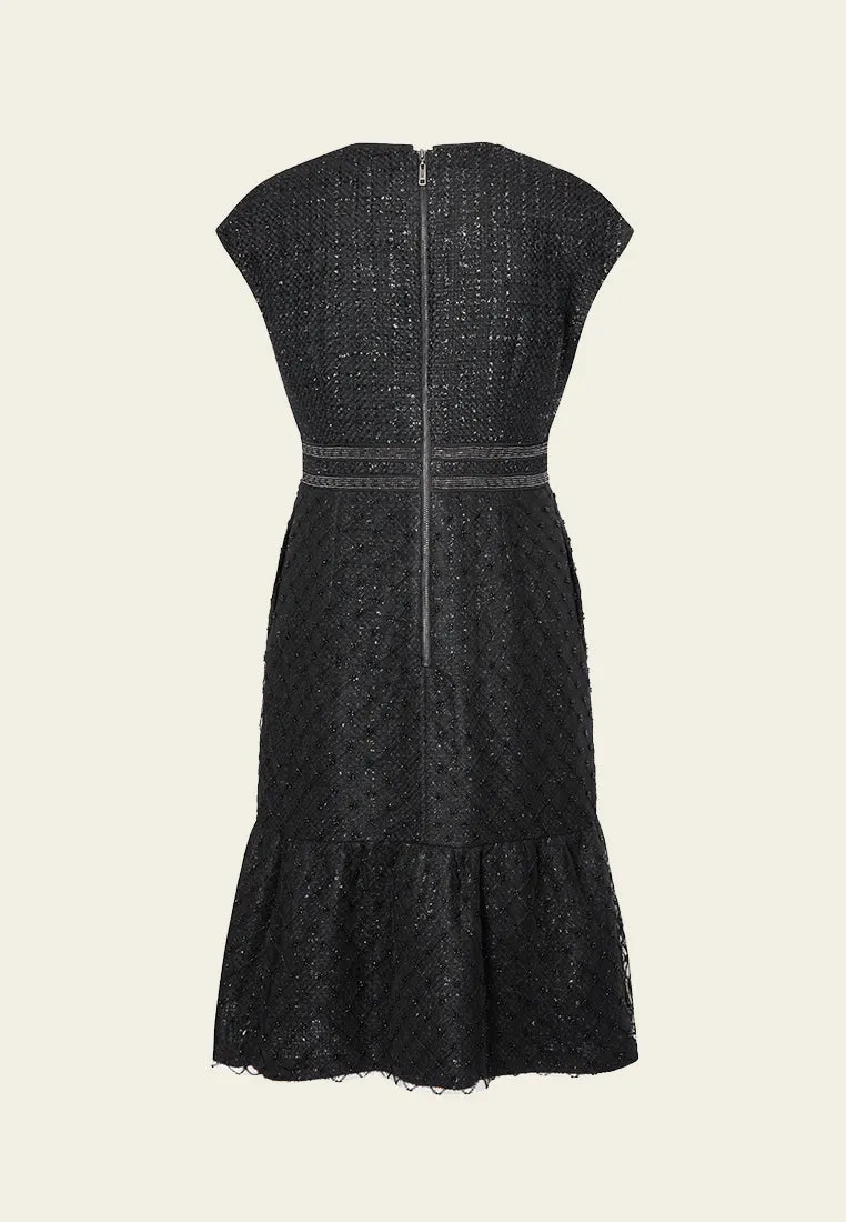 Black Cap-sleeved Embroidered Mesh Tweed Dress