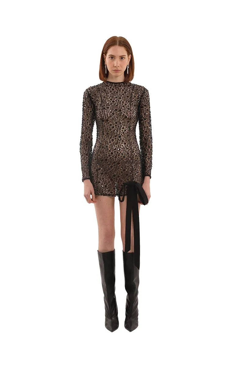 BLACK FLOWER EMBROIDERED MINI DRESS