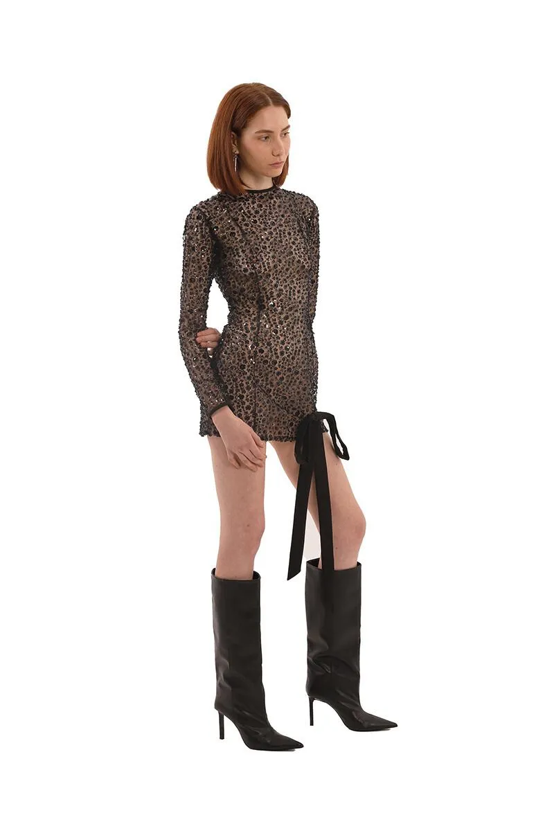 BLACK FLOWER EMBROIDERED MINI DRESS