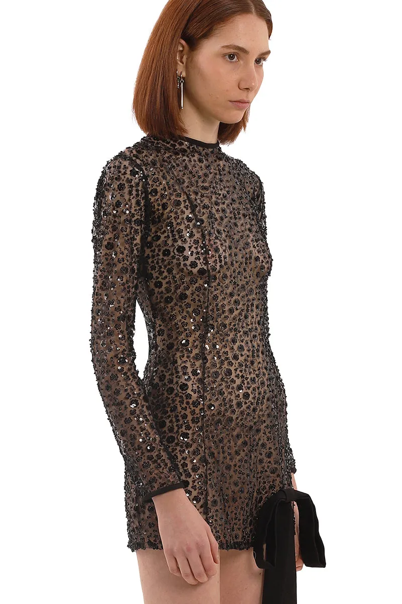BLACK FLOWER EMBROIDERED MINI DRESS