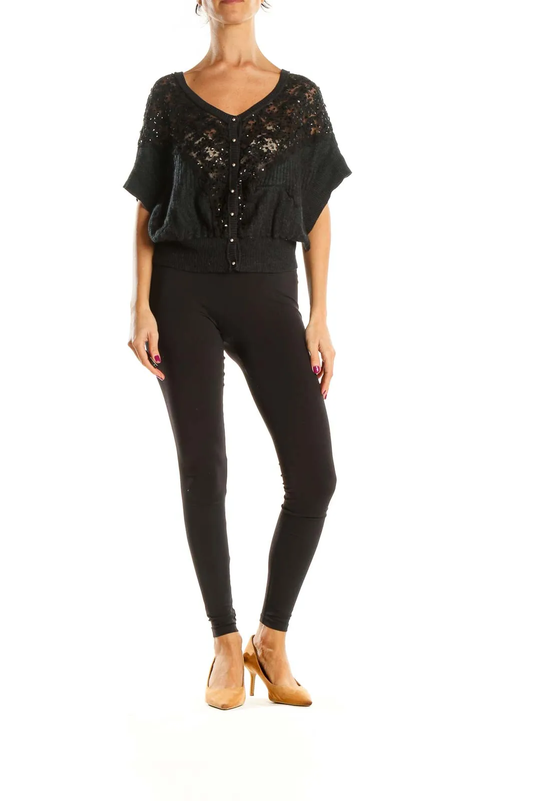 Black Lace Sequin Dolman Sleeve Top