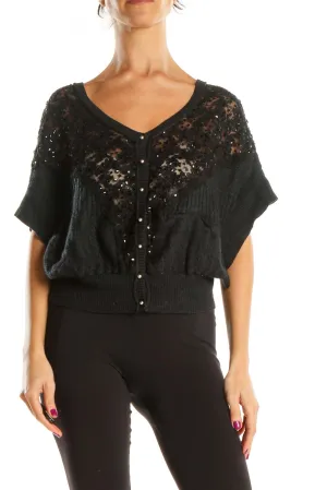 Black Lace Sequin Dolman Sleeve Top