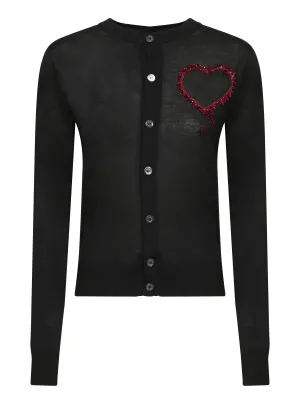 Black Wool Cardigan with Heart Detail