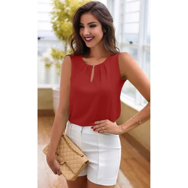 Blouse Women Summer Sleeveless Shirts Streetwear Casual Elegant Ladies O Neck Solid Color Tops Blouses Plus SIze
