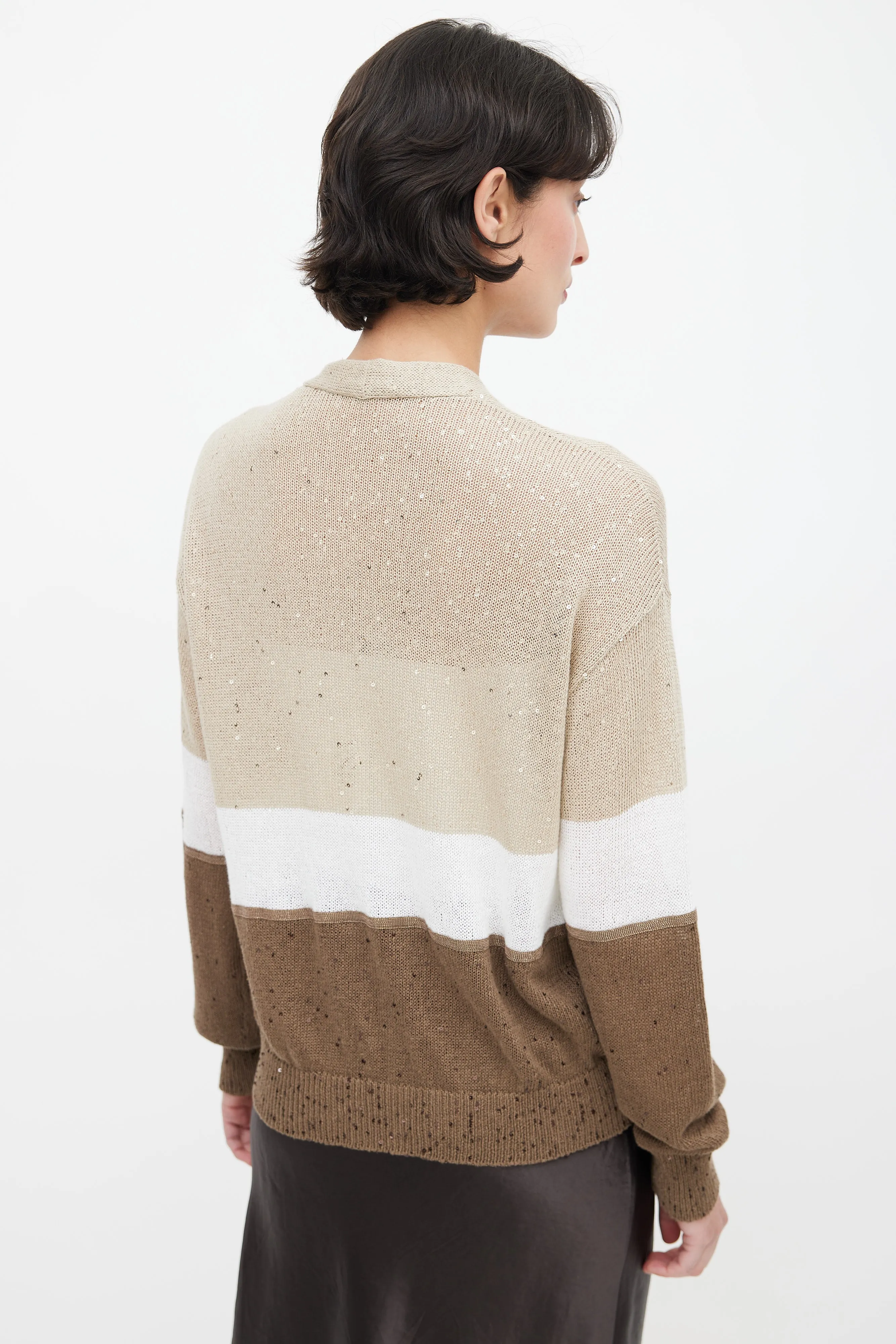 Brown Colour Block Sequin Cardigan