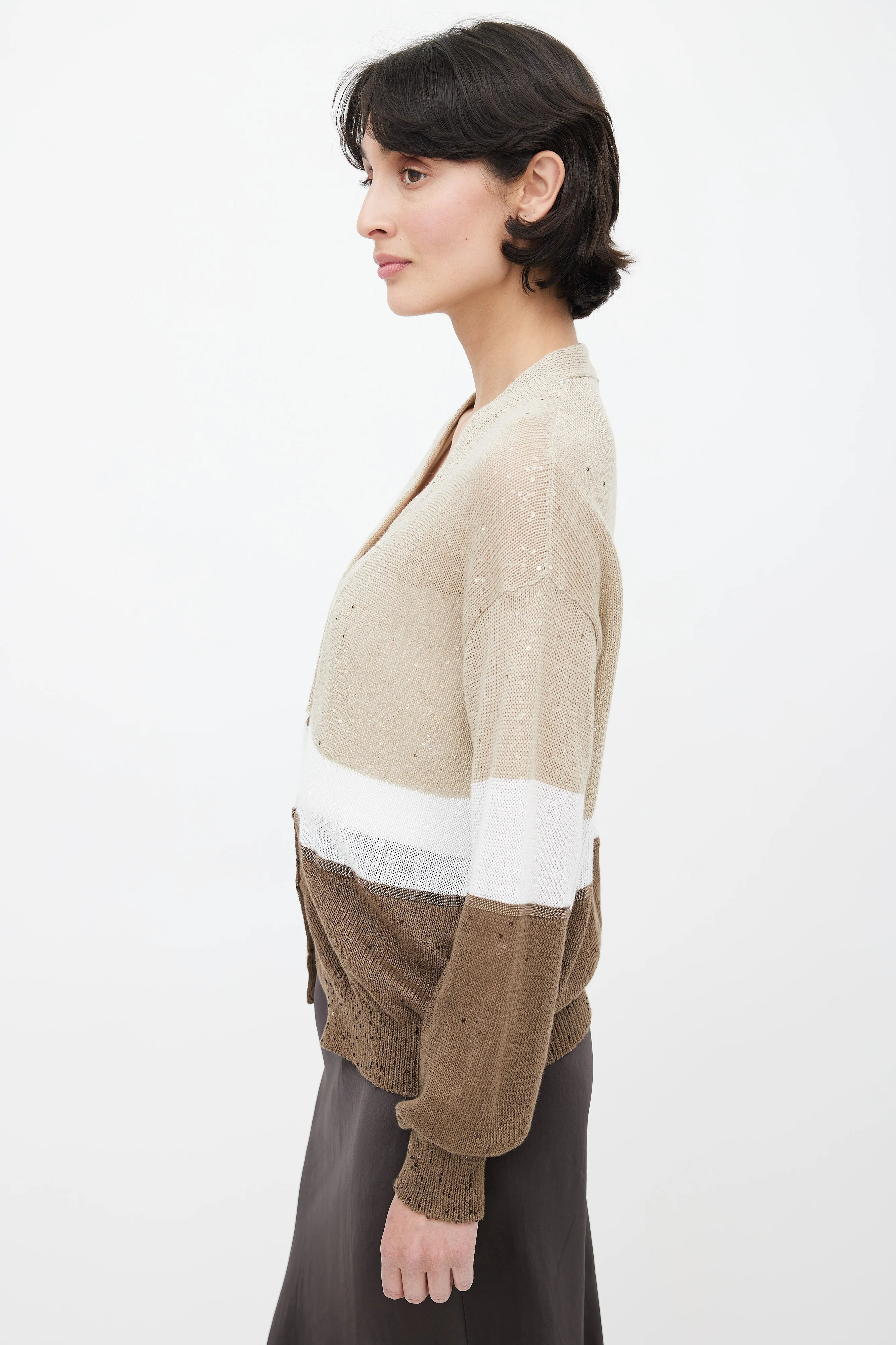 Brown Colour Block Sequin Cardigan