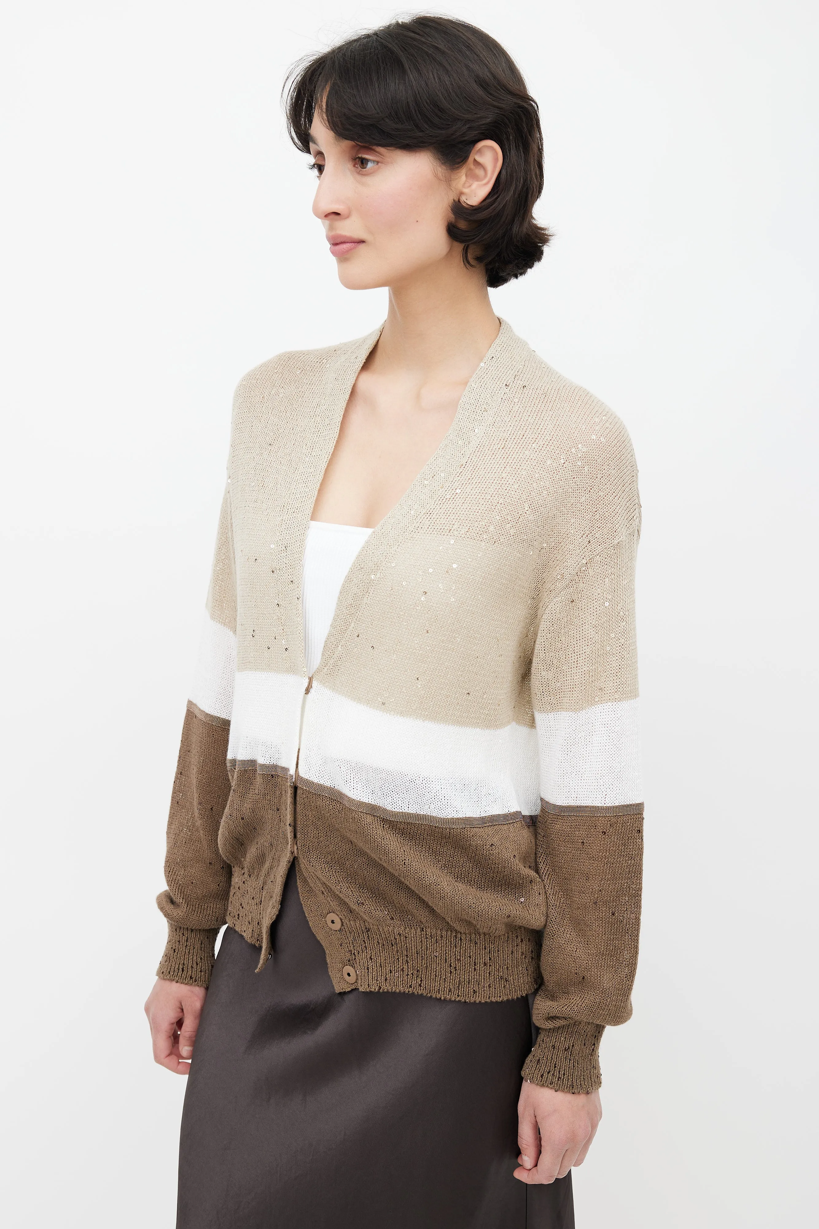 Brown Colour Block Sequin Cardigan