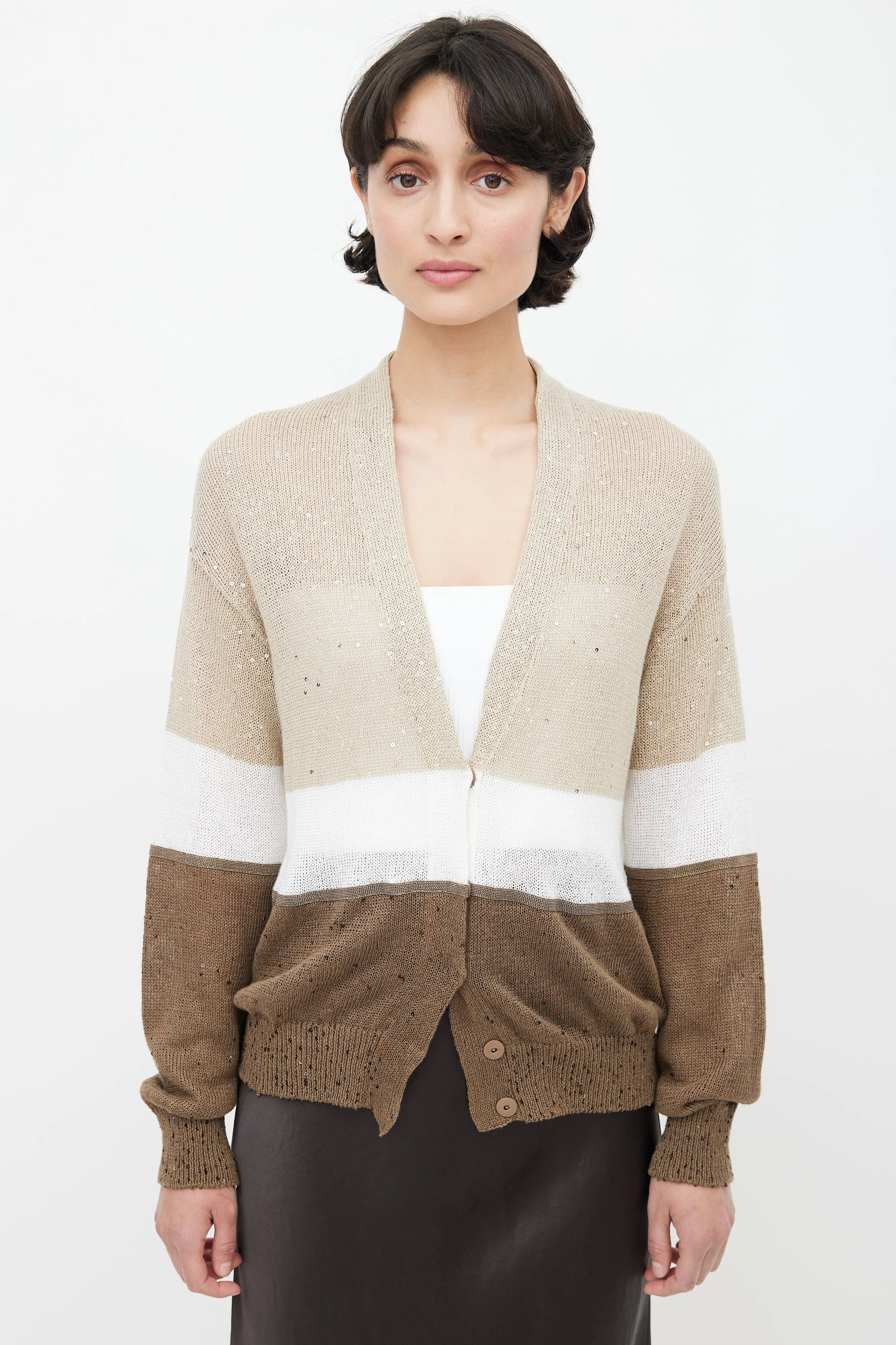 Brown Colour Block Sequin Cardigan