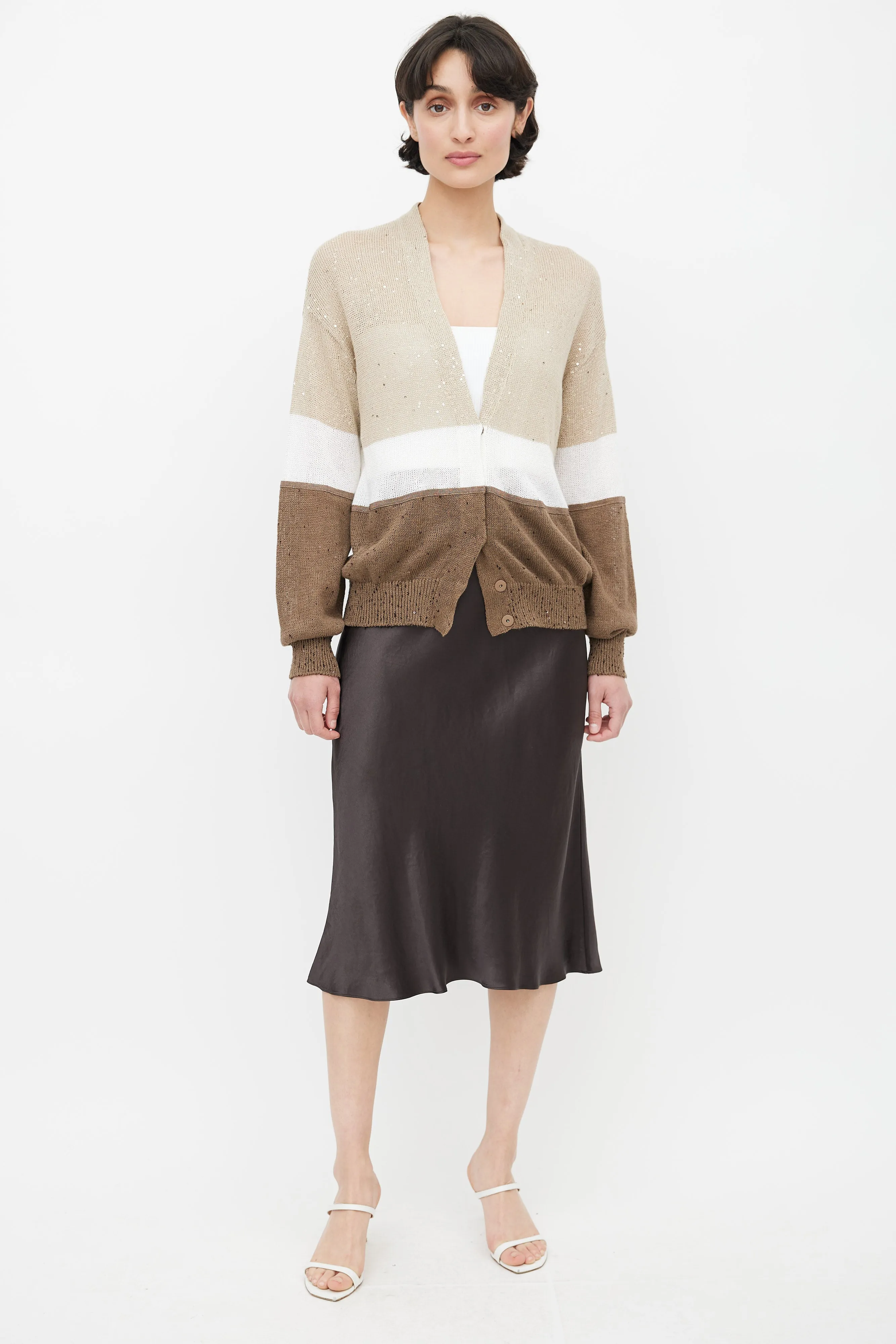 Brown Colour Block Sequin Cardigan