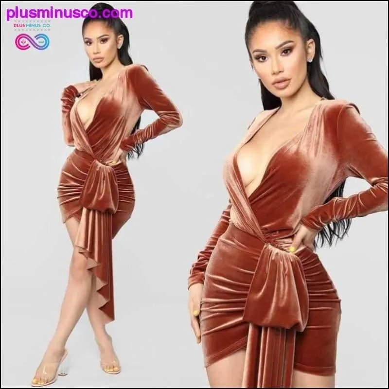 Brown Velvet Bodycon Dress V Neck Long Sleeve Sashes Wrap