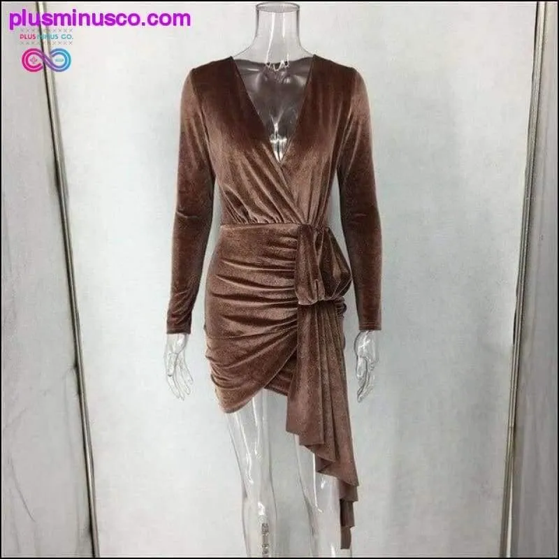 Brown Velvet Bodycon Dress V Neck Long Sleeve Sashes Wrap