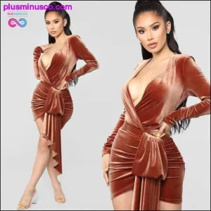 Brown Velvet Bodycon Dress V Neck Long Sleeve Sashes Wrap