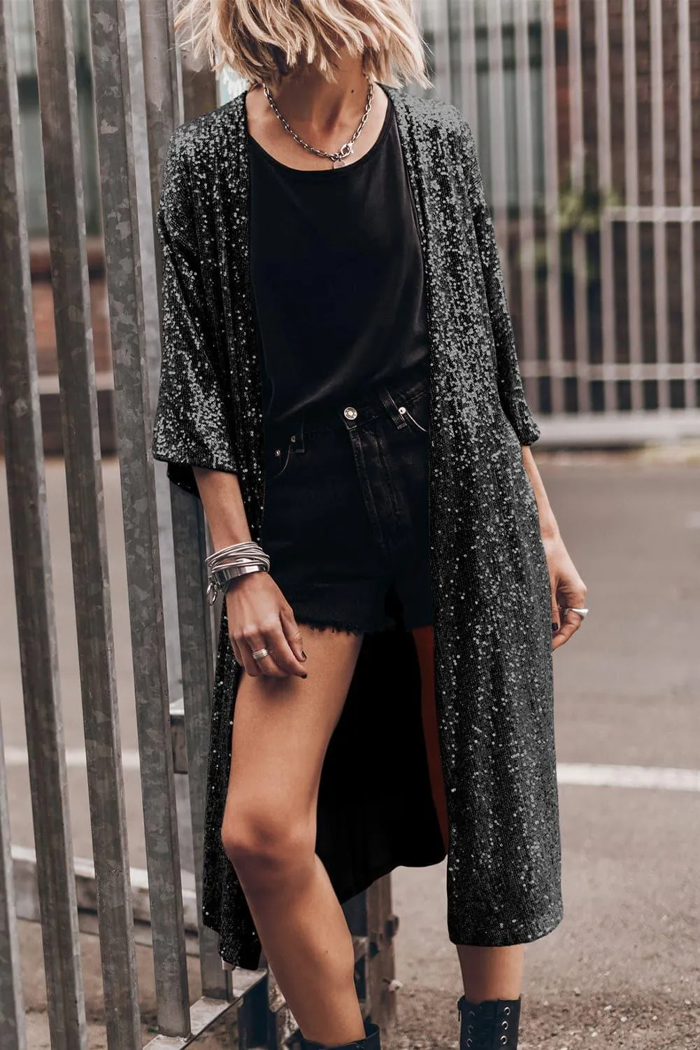 Brynlee Sequin Open Front Duster Cardigan