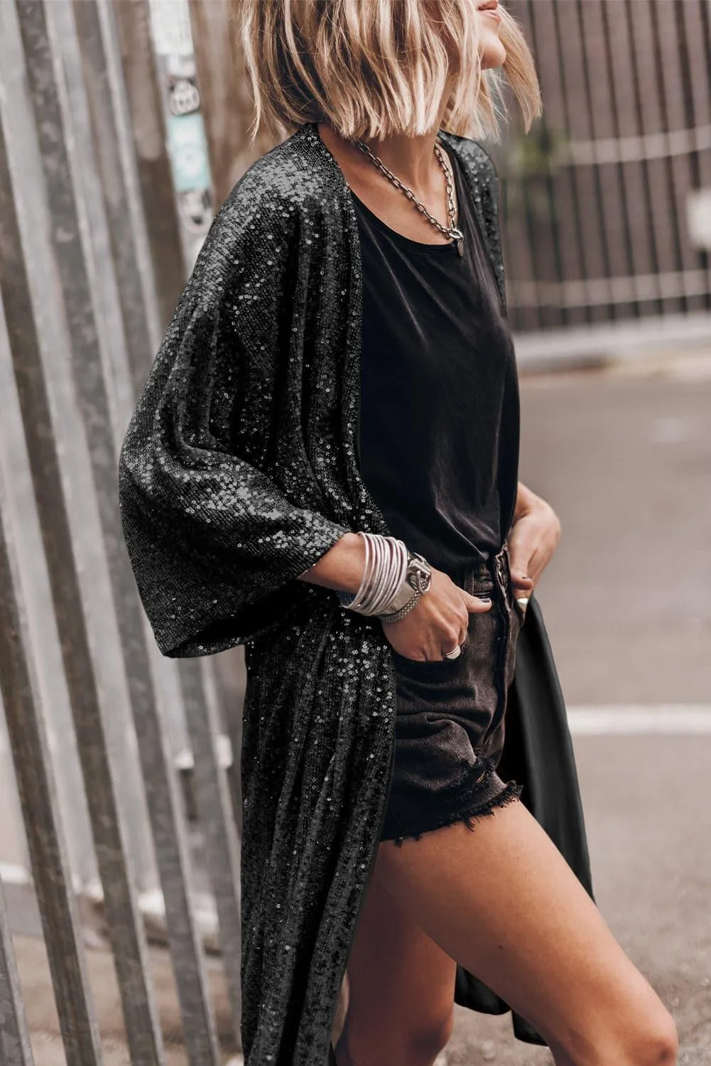 Brynlee Sequin Open Front Duster Cardigan