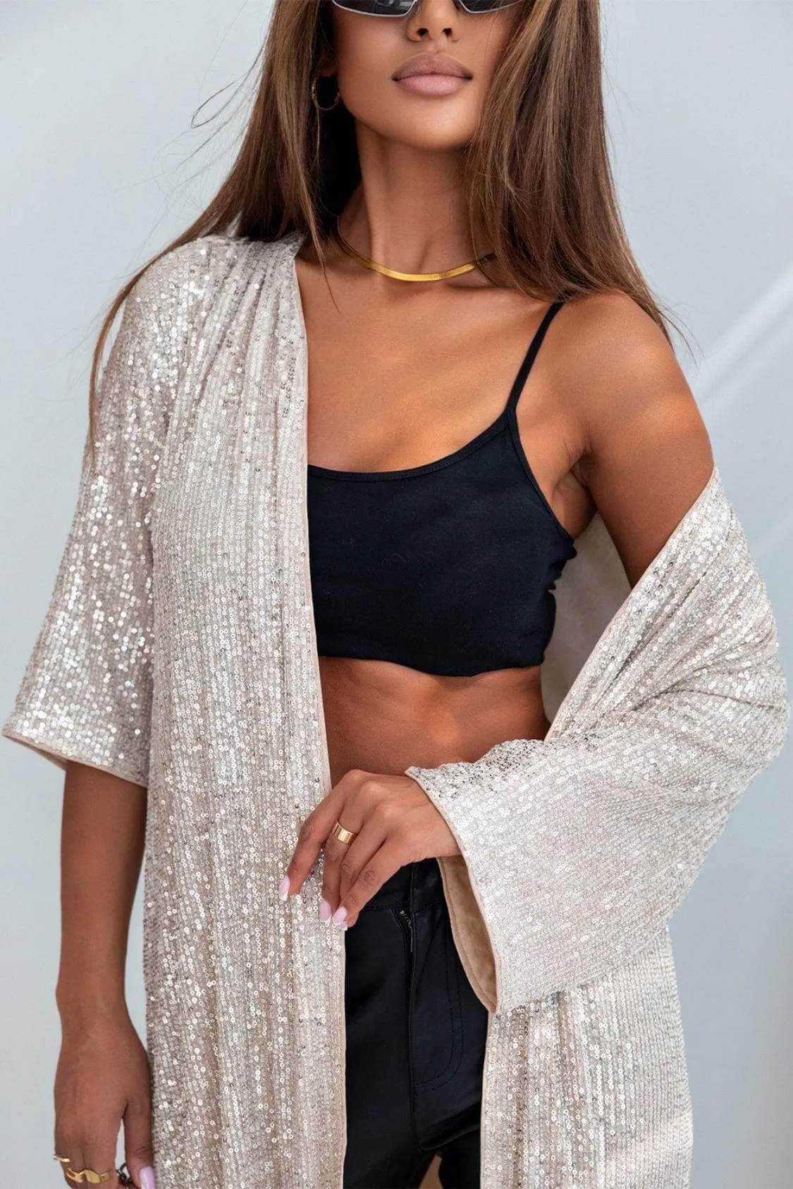Brynlee Sequin Open Front Duster Cardigan